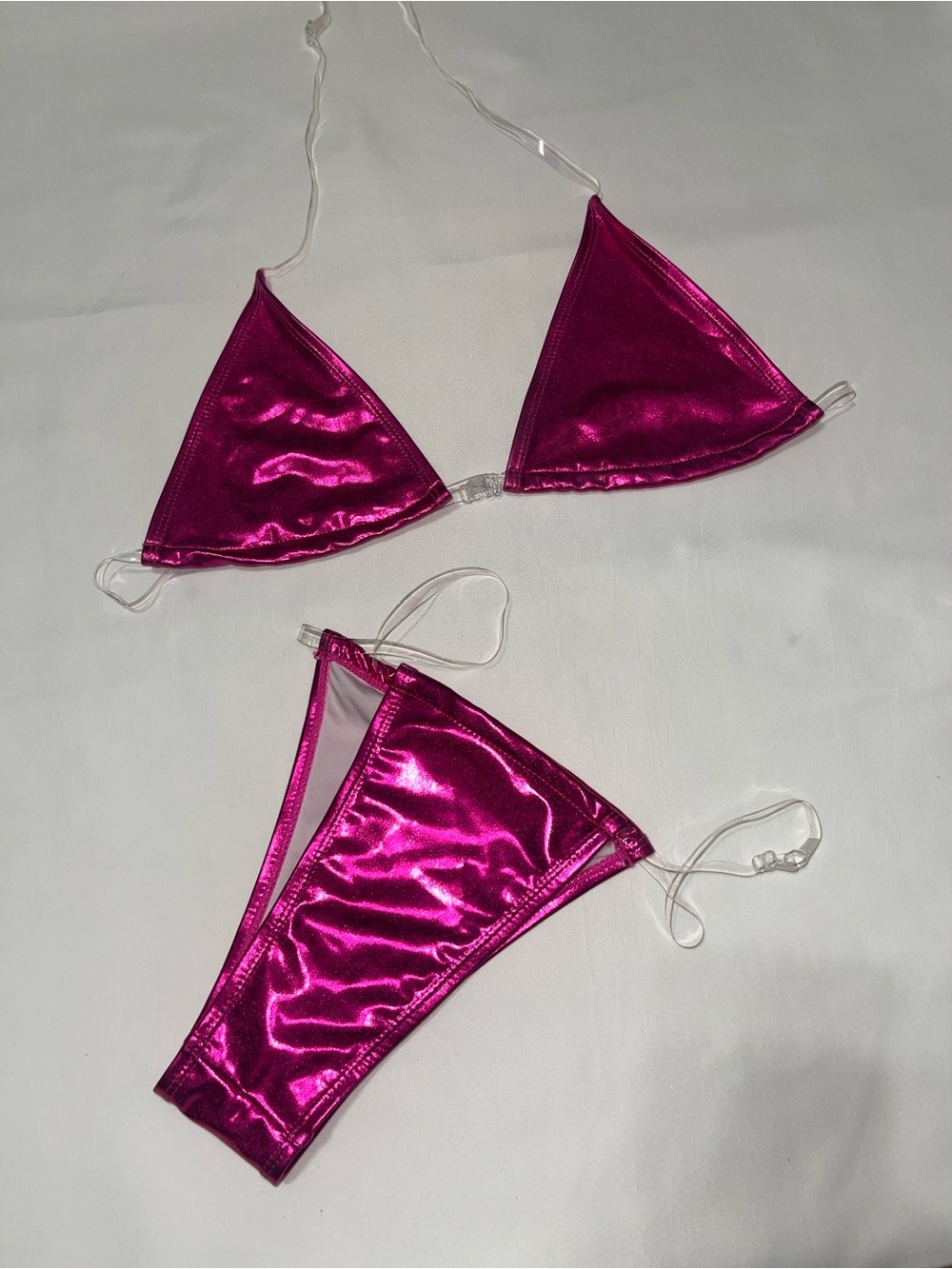 SHERRYLO Metallic Fuchsia Bikini Set Clear Straps High Cut Swimwear Size L